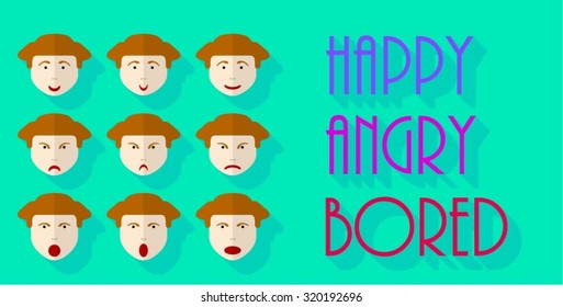 Emotions faces set, happy, angry, bored - vector illustrations