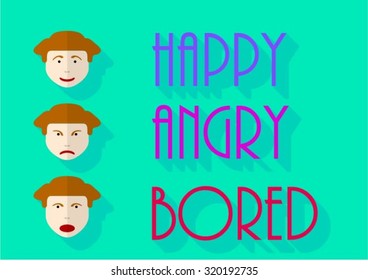 Emotions faces set, happy, angry, bored - vector illustrations