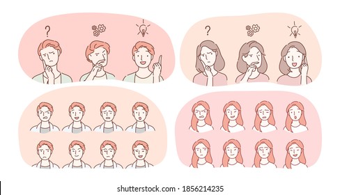 Emotions, Facial Expression Variety Concept. Male And Female Face With Various Positive And Negative Expressions Showing Frustration, Enlightenment, Sadness, Aggression, Happiness, Brooding, Surprise