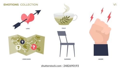 Emotions, feelings and psychological behavior tiny person collection set. Labeled love, calm, anger, sadness and confusion symbolic items vector illustration. Elements about emotion expression.