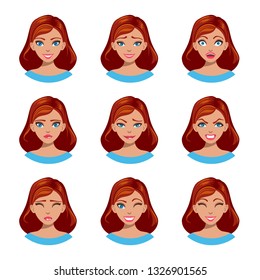emotions of the female face of a red-haired girl, sadness, sadness, surprise, joy, anger, embarrassment, irony, skepticism
