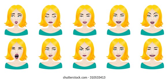 Emotions female face set. Facial expressions woman icon avatar. 