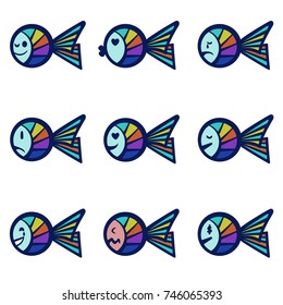 Emotions for a few fish on white background