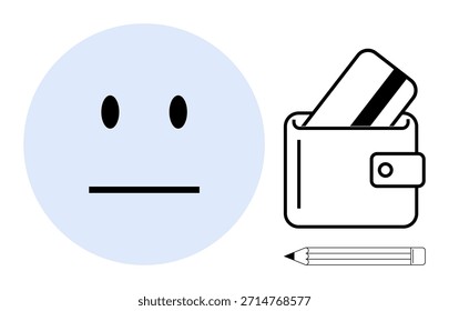 Emociones, planificación financiera, creatividad, identidad personal, toma de decisiones y productividad. Cara neutra, cartera con tarjeta y lápiz. Concepto de planificación financiera y emociones