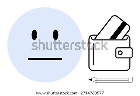 Emotions, financial planning, creativity, personal identity, decision-making, and productivity. A neutral face, wallet with card and pencil. Financial planning and emotions concept