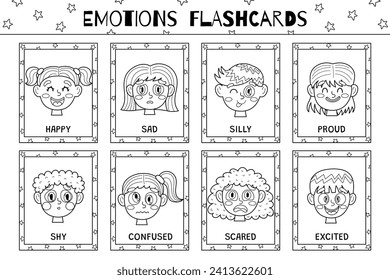 Emotions flashcards black and white collection. Flash cards set with cute kids characters for coloring in outline. Learn feelings vocabulary for school and preschool. Vector illustration