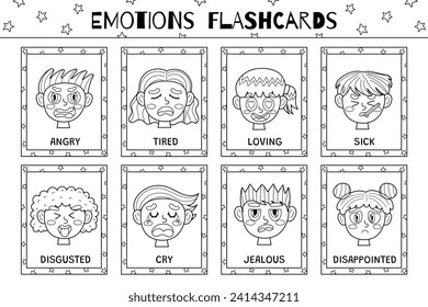 Emociones flashcards colección en blanco y negro. Tarjetas flash establecidas con caracteres niños lindos para colorear en contorno. Aprender el vocabulario de los sentimientos para la escuela y el preescolar. Ilustración del vector