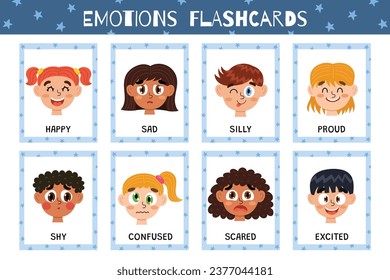 Emotions flashcards collection. Flash cards set with cute kids characters for practicing reading skills. Learn feelings vocabulary for school and preschool. Vector illustration