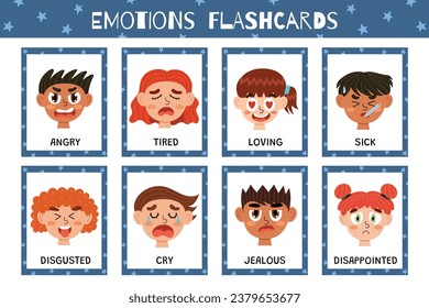 Emotions flashcards collection. Flash cards set with cute kids characters for practicing reading skills. Learn feelings vocabulary for school and preschool. Vector illustration