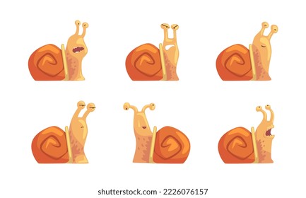 Emotions of funny snail set. Brown helix with bored, frightened, angry and sleepy face expression cartoon vector illustration