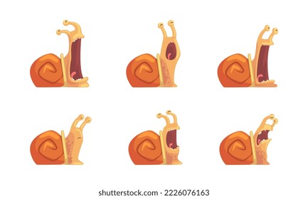 Emotions of funny snail set. Brown helix screaming, yawning and laughing cartoon vector illustration