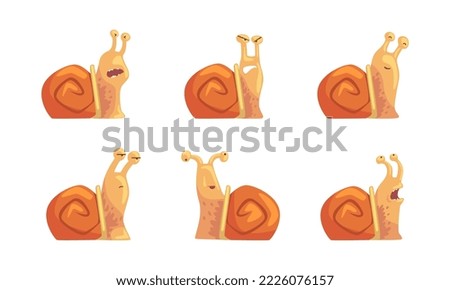 Emotions of funny snail set. Brown helix with bored, frightened, angry and sleepy face expression cartoon vector illustration