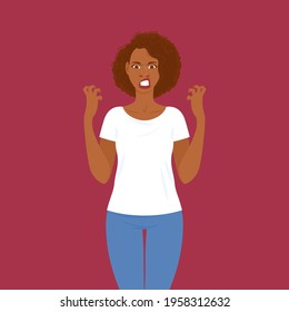 Emotions. Furious young black woman in casual clothes with hair in Afro style makes angry gesture. Suitable for animation