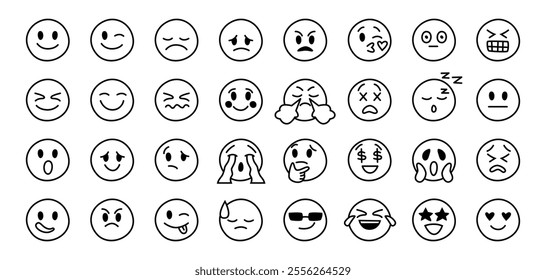 Emotions grayscale faces collection. Vector monochrome social media with different facial expressions with minimalist effect. Isolated smiling and crying, angry and happy UI interface icons