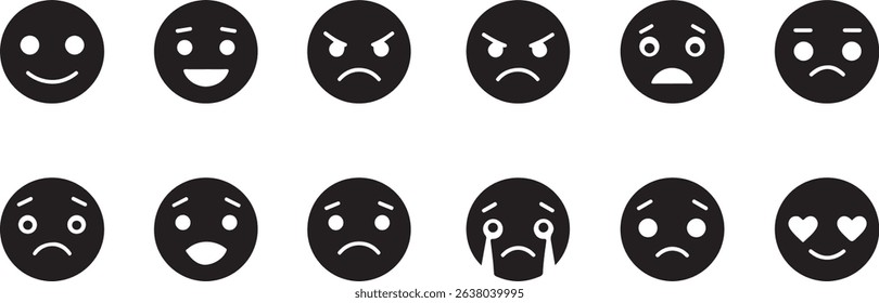 Emotions — happy, sad, angry, surprised, confused, neutral, laughing, crying, scared, love. black and white file format eps