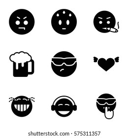 Emotions icon. Set of 9 Emotions filled icons such as cool in sunglasses, angry, sweating, laughing, emoji, heart with wings, smoking, cool