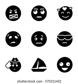 Emotions icon. Set of 9 Emotions filled icons such as crazy, cool in sunglasses, in love, rolling eyes, sweating, angry, soldier, upset