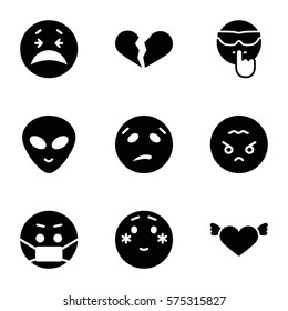 Emotions icon. Set of 9 Emotions filled icons such as crying, shy emoji, sweating, broken heart, heart with wings, cool, emoji in mask, angry emoji