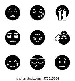 Emotions icon. Set of 9 Emotions filled icons such as blush, sad, crying, cool in sunglasses, rolling eyes, soldier, crying emoji, sleeping
