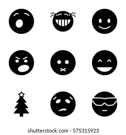 Emotions icon. Set of 9 Emotions filled icons such as laughing, smiling, sad, cool in sunglasses, yawn, sweating, angry