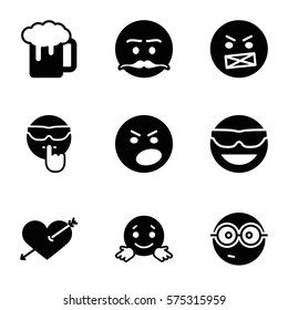 Emotions icon. Set of 9 Emotions filled icons such as in sun glasses, heart with arrow, nerd emoji, angry, confused, mustache, cool