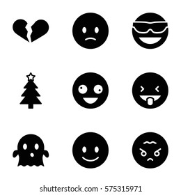 Emotions icon. Set of 9 Emotions filled icons such as crazy, smiling, in sun glasses, sad, ghost, broken heart, showing tongue, angry emoji