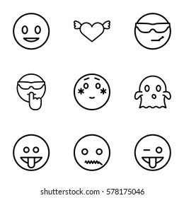 Emotions icon. Set of 9 Emotions outline icons such as smiling emot, cool emot in sunglasses, emoji showing tongue, shy emoji, ghost