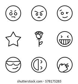 Emotions icon. Set of 9 Emotions outline icons such as laughing emot, wink emot, rose