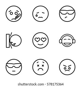 Emotions icon. Set of 9 Emotions outline icons such as crying emot, cool emot in sunglasses