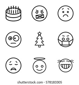 Emotions icon. Set of 9 Emotions outline icons such as crying emot, upset emot, emoji angel, emoji in mask, cake