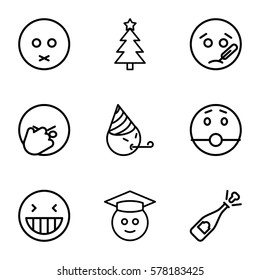 Emotions icon. Set of 9 Emotions outline icons such as laughing emot, sad emot, graduate emoji, opened champagne