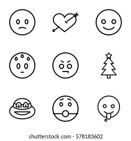 Emotions icon. Set of 9 Emotions outline icons such as smiling emot, sad emot, heart with arrow, emoji showing tongue, Christmas tree