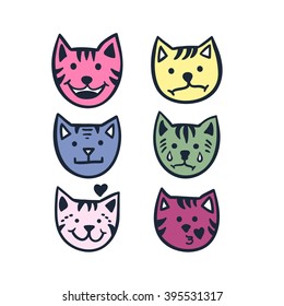 Emotions. Icons. Faces cats. Vector hand-drawn emoji isolated on white background. Set of animals emoticons. Cat emotions. Cat emoji. Cartoon Cats faces. Pet animal. Sadness, joy, love, kiss, laugh. 
