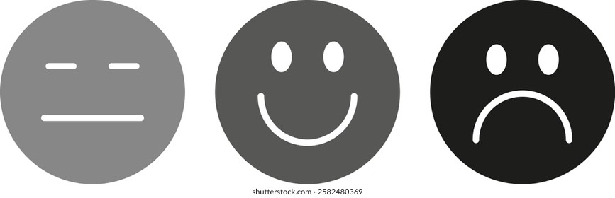 Emotions icons set. Faces or happy, neutral and sad emoji in circle shape. In gray colors. Vector illustration. EPS 10
