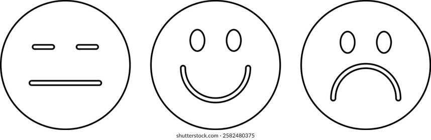 Emotions icons set. Faces or happy, neutral and sad emoji in circle shape. In linear. Vector illustration. EPS 10