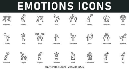 Ícones de emoções ilustração vetorial com linha fina editável traço contendo felicidade triste confiança medo pânico excitação surpresa nojo curiosidade raiva confusão alegria admiração calma esperança