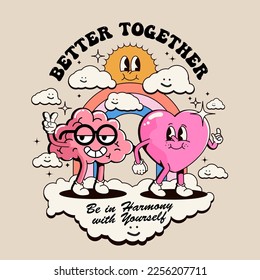 Emotions and intelligence harmony or inner balance concept with funny cartoon characters of heart and brain walk holding hands isolated on light background for poster or card or t-shirt print design