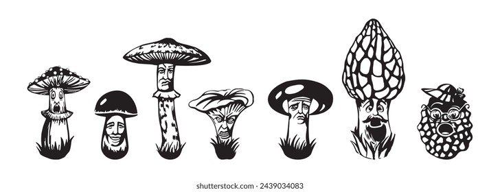 Emotions. Joy, anger, surprise, contempt, sadness, contempt, fright. Mushrooms with emotional human faces