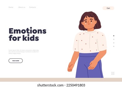 Emotions for kids concept of landing page with small girl cry sad and upset. Little kid alone unhappy in tears. Awkward child toddler embarrassed worried and anxious. Cartoon flat vector illustration