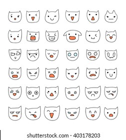 Emotions large set Isolated  36 pieces. Cats funny. Cute emoji. Anger and compassion. Laughter, tears. Sadness, surprise. Happiness and fear.  Cunning, cheerful. 