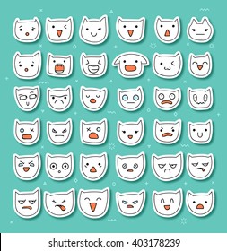 Emotions large set Isolated  36 pieces. Cats funny. Cute emoji. Anger and compassion. Laughter, tears. Sadness, surprise. Happiness and fear.  Cunning, cheerful. 