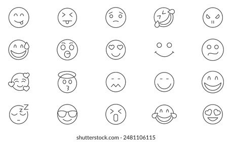 Conjunto de iconos de línea de emociones. Emoji, emoción, sonrisa y triste contorno icono colección. Paquete de iconos de esquema delgado de UI.