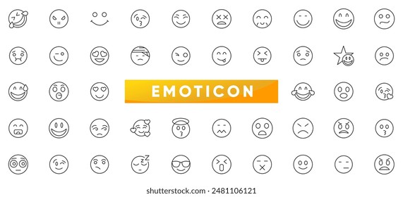 Conjunto de iconos de línea de emociones. Emoji, emoción, sonrisa y triste contorno icono colección. Paquete de iconos de esquema delgado de UI.