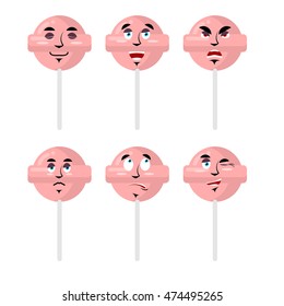 Emotions lollipop. Set expressions avatar candy. Good and evil. Surprise and fun. Sad and aggressive sweets

