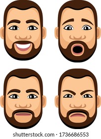Emotions man with beard. Bearded man smiling, happy, surprised, angry and calm.