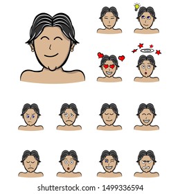 emotions man middle parting hair male character. Handsome man emoji with various facial expressions. Vector illustration in cartoon style

