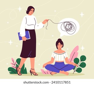 Emotions managing concept. Businesswoman near girl in lotus position. Inner calmness and balance. Meditation and yoga, concentration. Cartoon flat vector illustration isolated on beige background