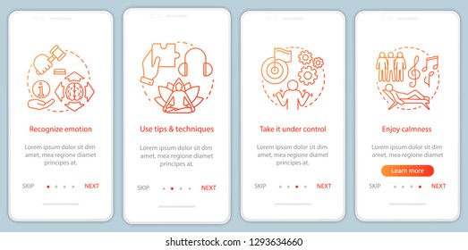 Emotions managing onboarding mobile app page screen with linear concepts. Recognize, use tips, enjoy calmness walkthrough steps graphic instructions. UX, UI, GUI vector template with illustrations