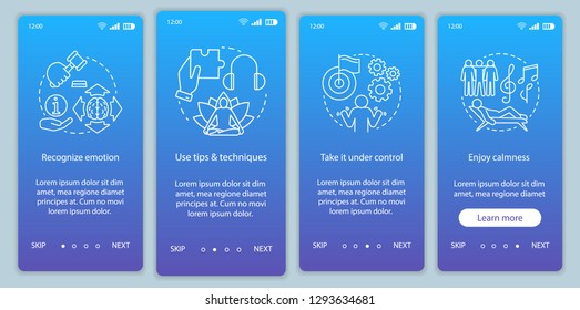 Emotions managing onboarding mobile app page screen vector template. Recognize, use tips, enjoy calmness. Walkthrough website steps with linear illustrations. UX, UI, GUI smartphone interface concept