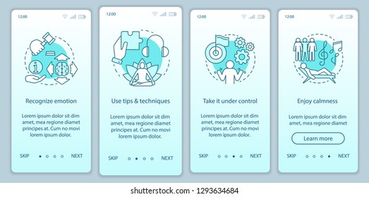 Emotions managing onboarding mobile app page screen vector template. Recognize, use tips, enjoy calmness. Walkthrough website steps with linear illustrations. UX, UI, GUI smartphone interface concept